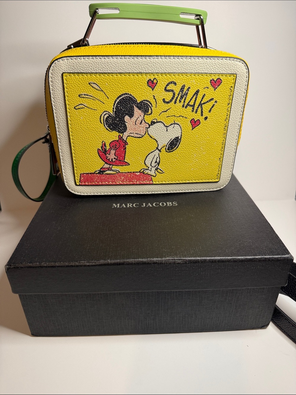 Marc Jacobs Yellow Peanuts Graphic Leather Box Crossbody with Green Handle